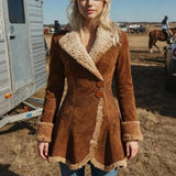 Veste en daim femme col fausse fourrure coupe vintage