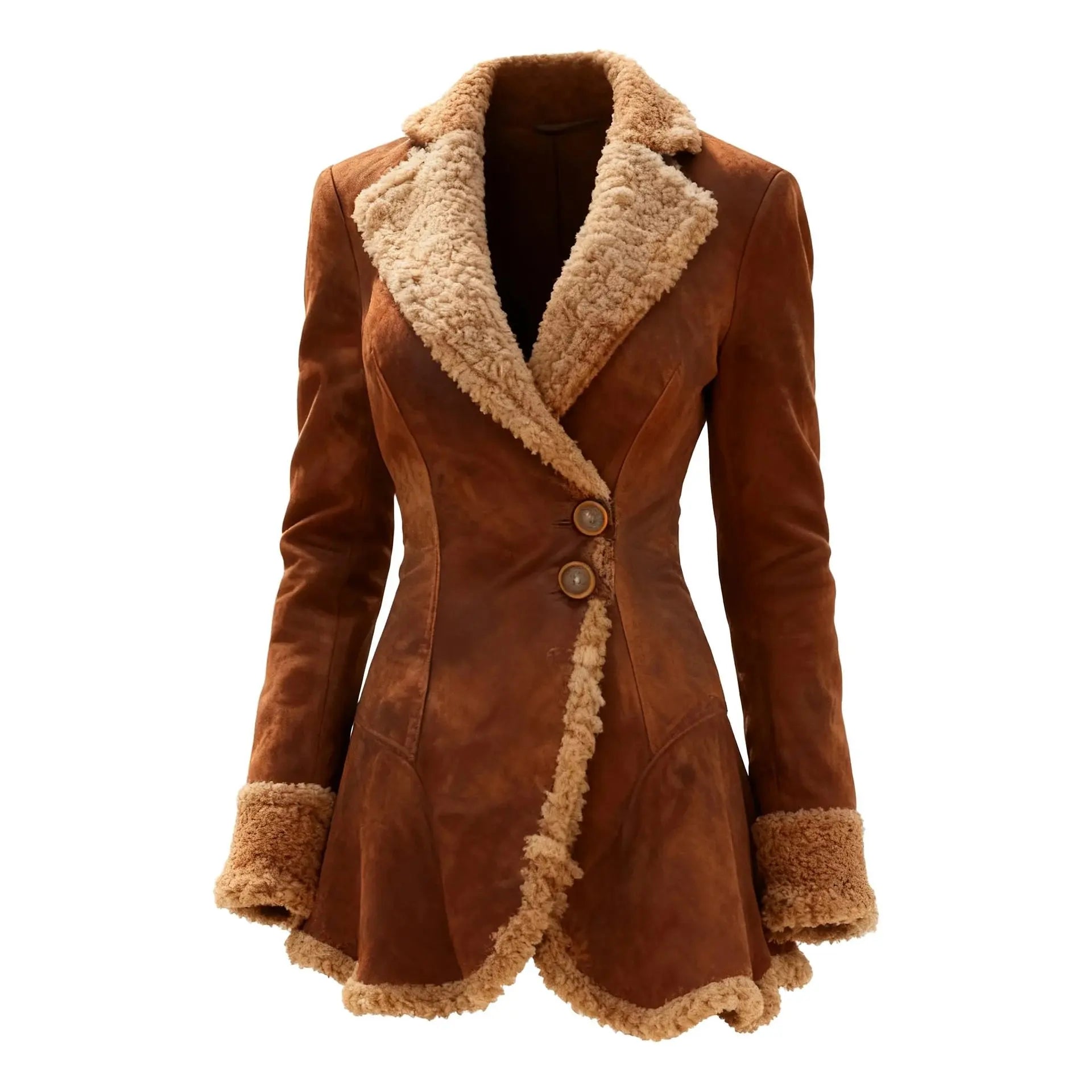 Veste en daim femme col fausse fourrure coupe vintage - Marron Foncé