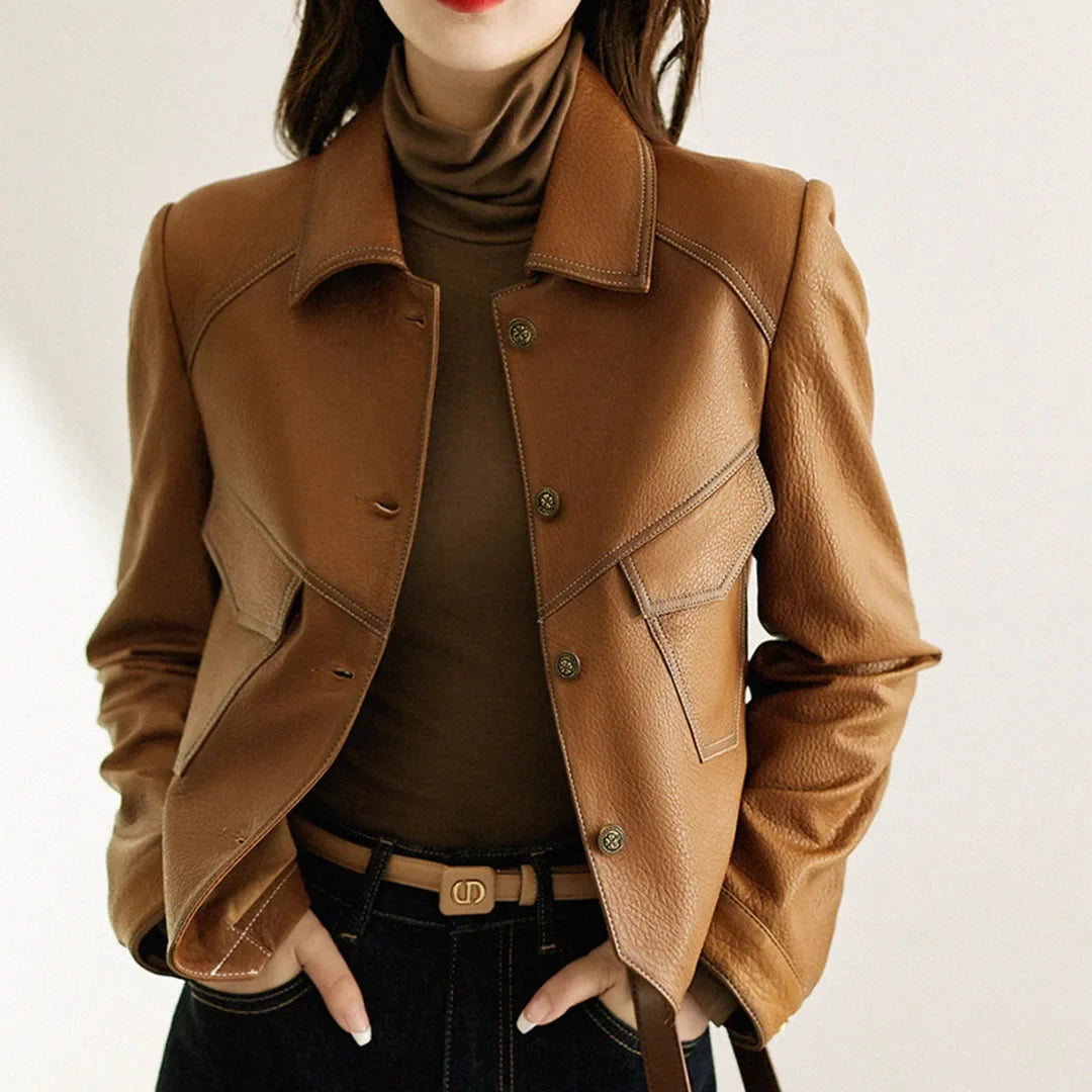 Veste en simili cuir femme col cranté - Marron