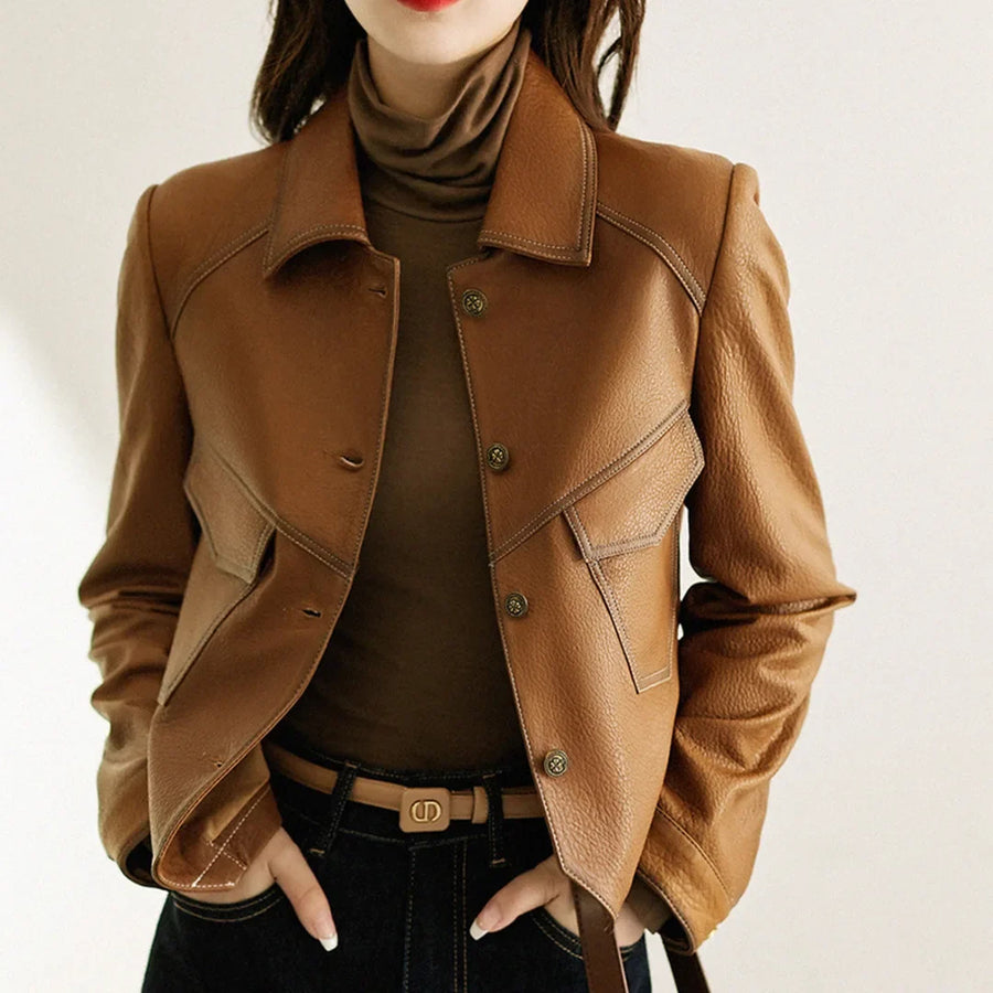 Veste en Simili Cuir Femme Col Cranté Poches Plaquées