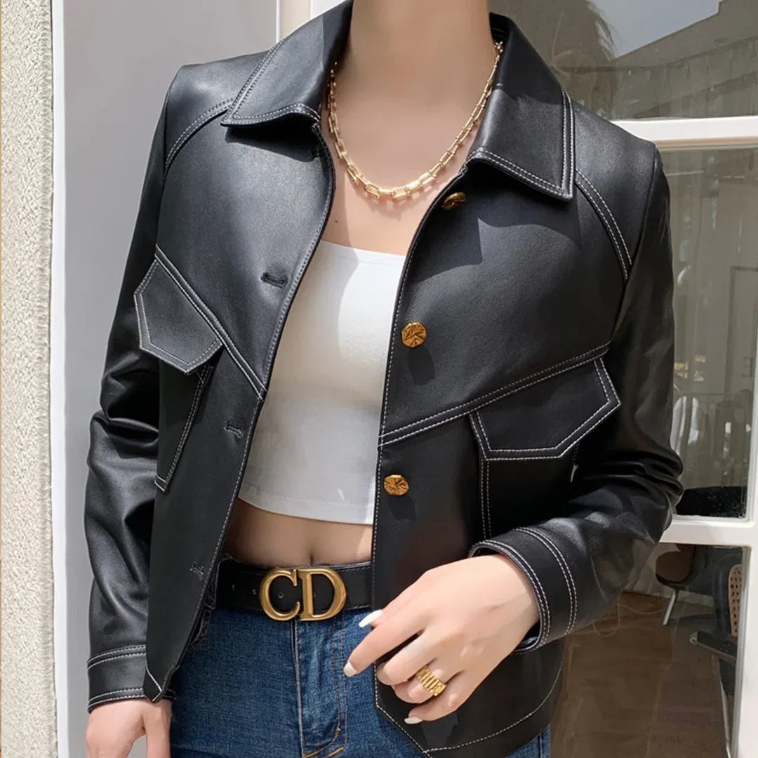Veste en simili cuir femme col cranté - Noir