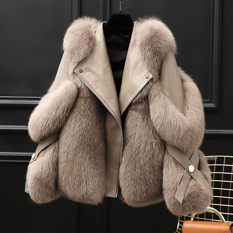 Veste en simili cuir femme oversize col fourrure zip asymétrique - Marron Clair