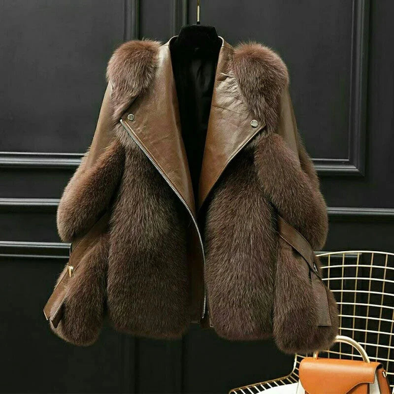 Veste en simili cuir femme oversize col fourrure zip asymétrique - Marron