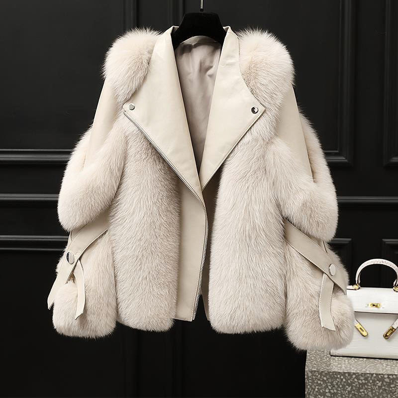 Veste en simili cuir femme oversize col fourrure zip asymétrique - Blanc