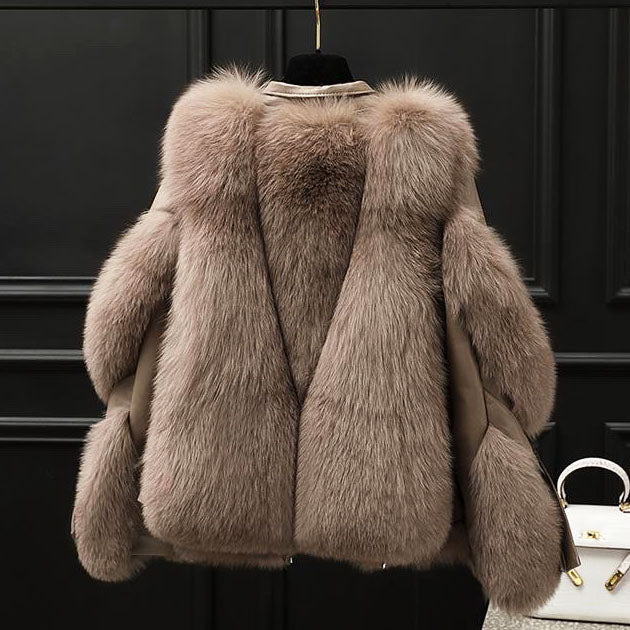 Veste en simili cuir femme oversize col fourrure zip asymétrique