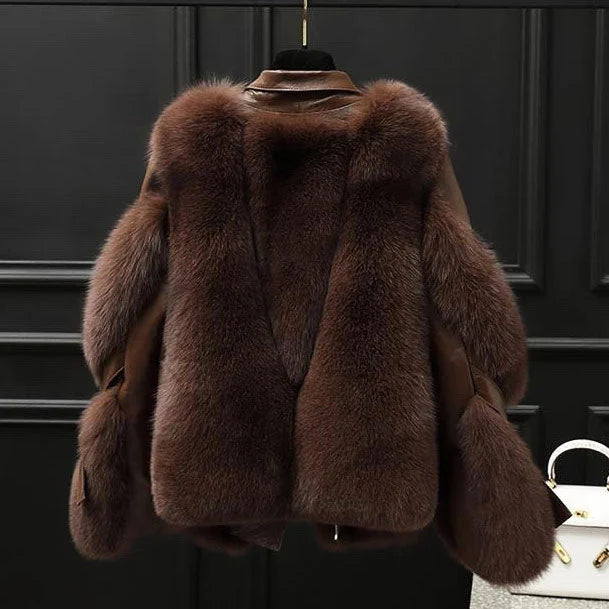 Veste en simili cuir femme oversize col fourrure zip asymétrique