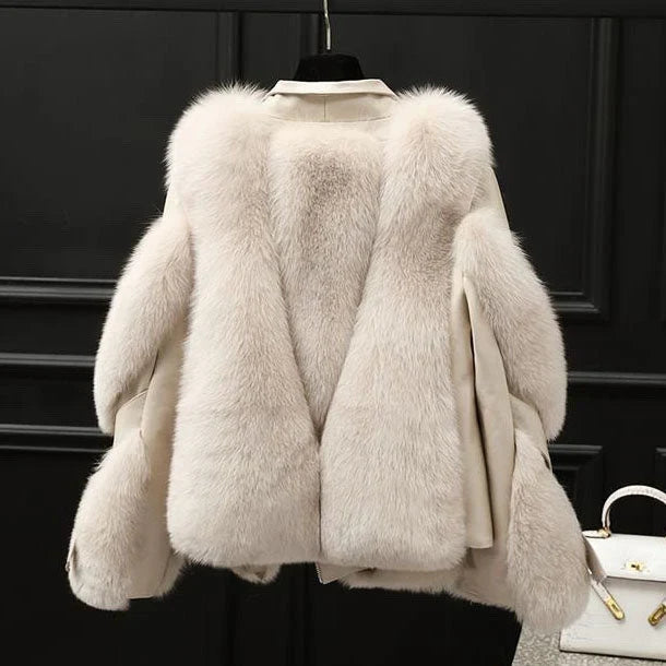 Veste en simili cuir femme oversize col fourrure zip asymétrique