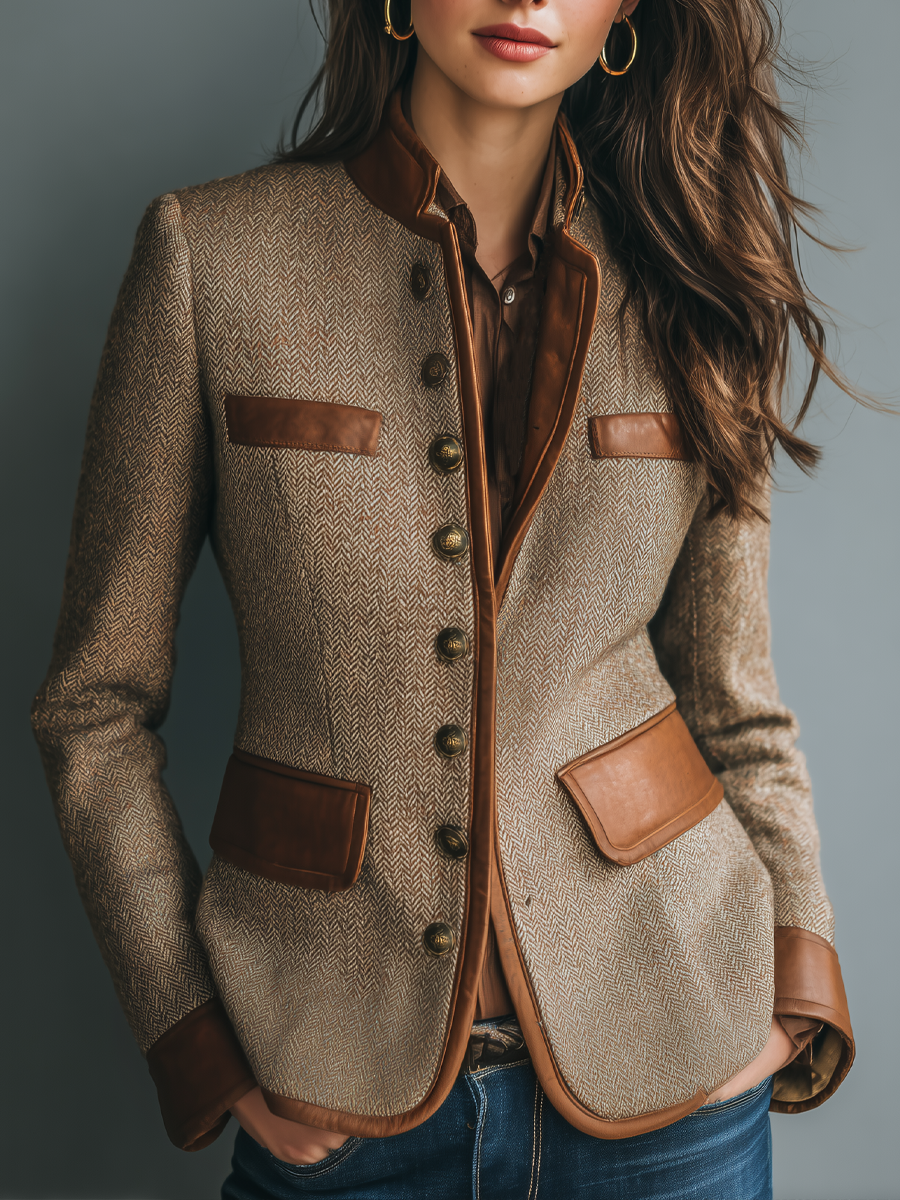 Veste en Tweed Femme Vintage Cintrée à Liserés et Poches