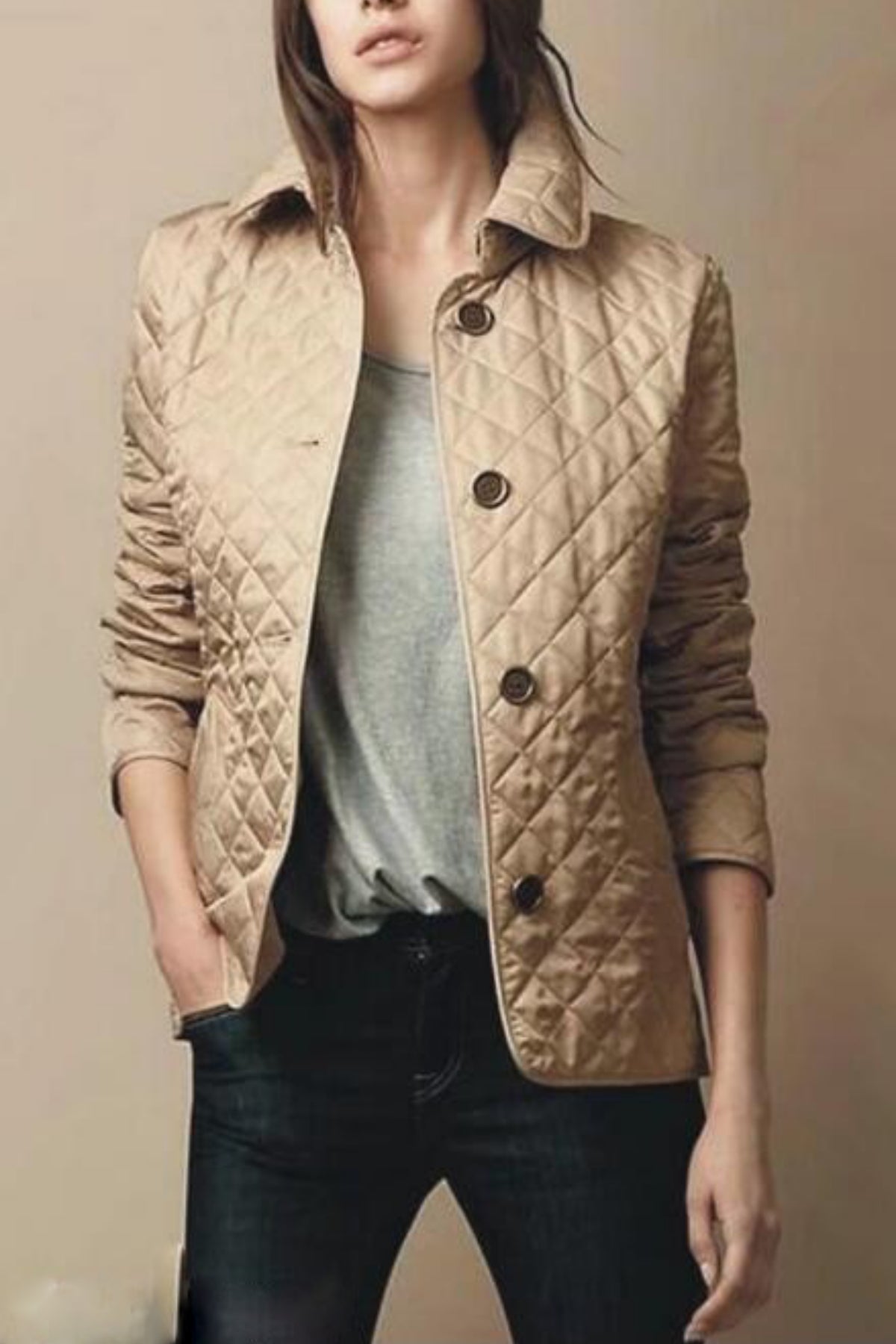 Veste matelassée femme boutonnée coupe ajustée - Kaki