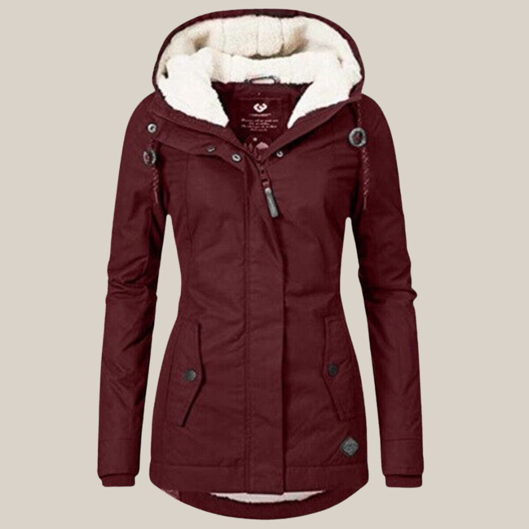 Veste matelassée chaude femme à capuche réglable - Rouge