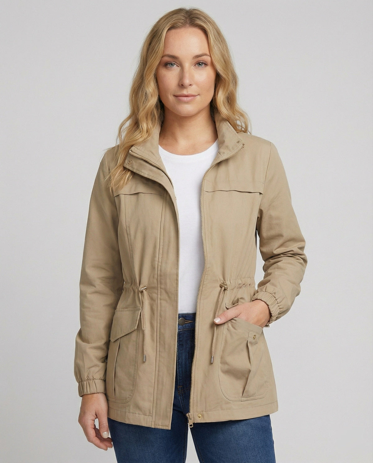 Veste Militaire Femme Col Montant Taille Cordon - Kaki