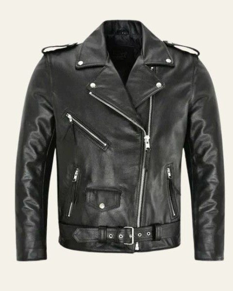 Veste Moto en Cuir Homme Ceinturée Zip Asymétrique - Noir