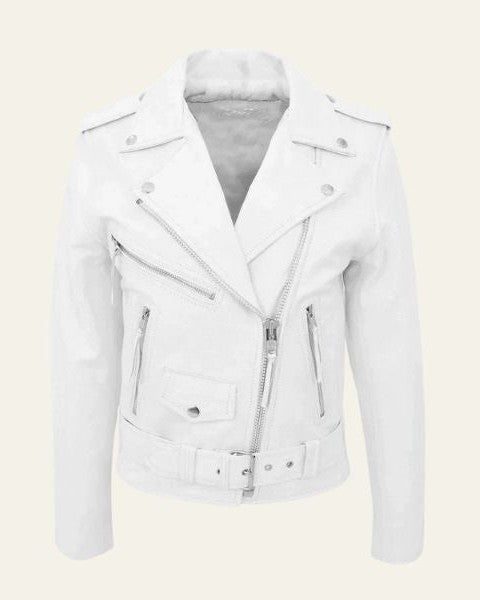 Veste Moto en Cuir Homme Ceinturée Zip Asymétrique - Blanc