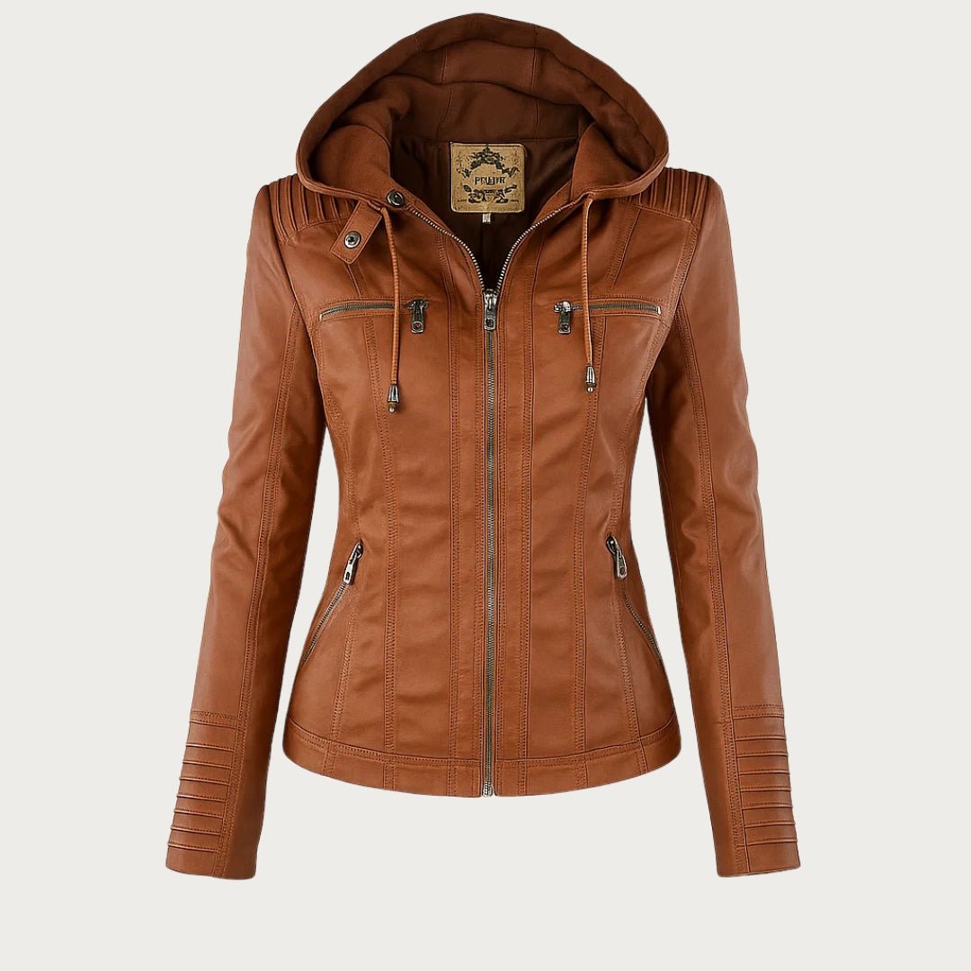 Veste simili cuir moto femme capuche amovible - Marron Clair