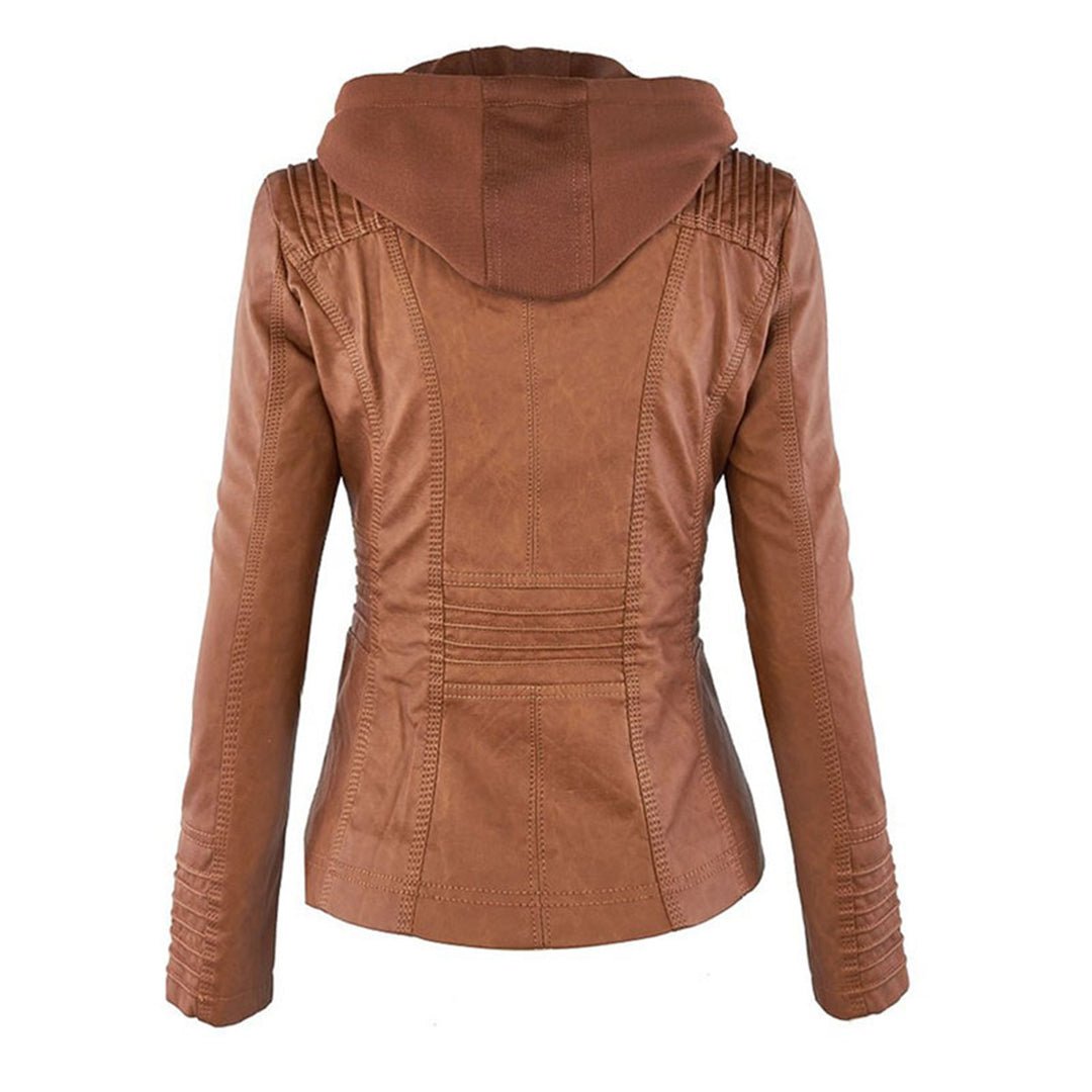 Veste simili cuir moto femme capuche amovible