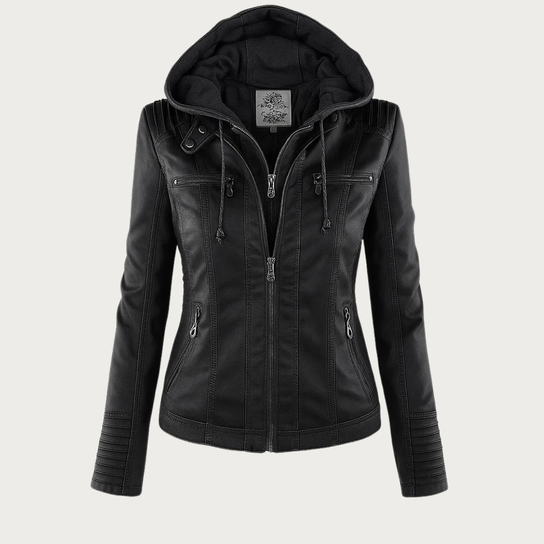 Veste simili cuir moto femme capuche amovible - Noir