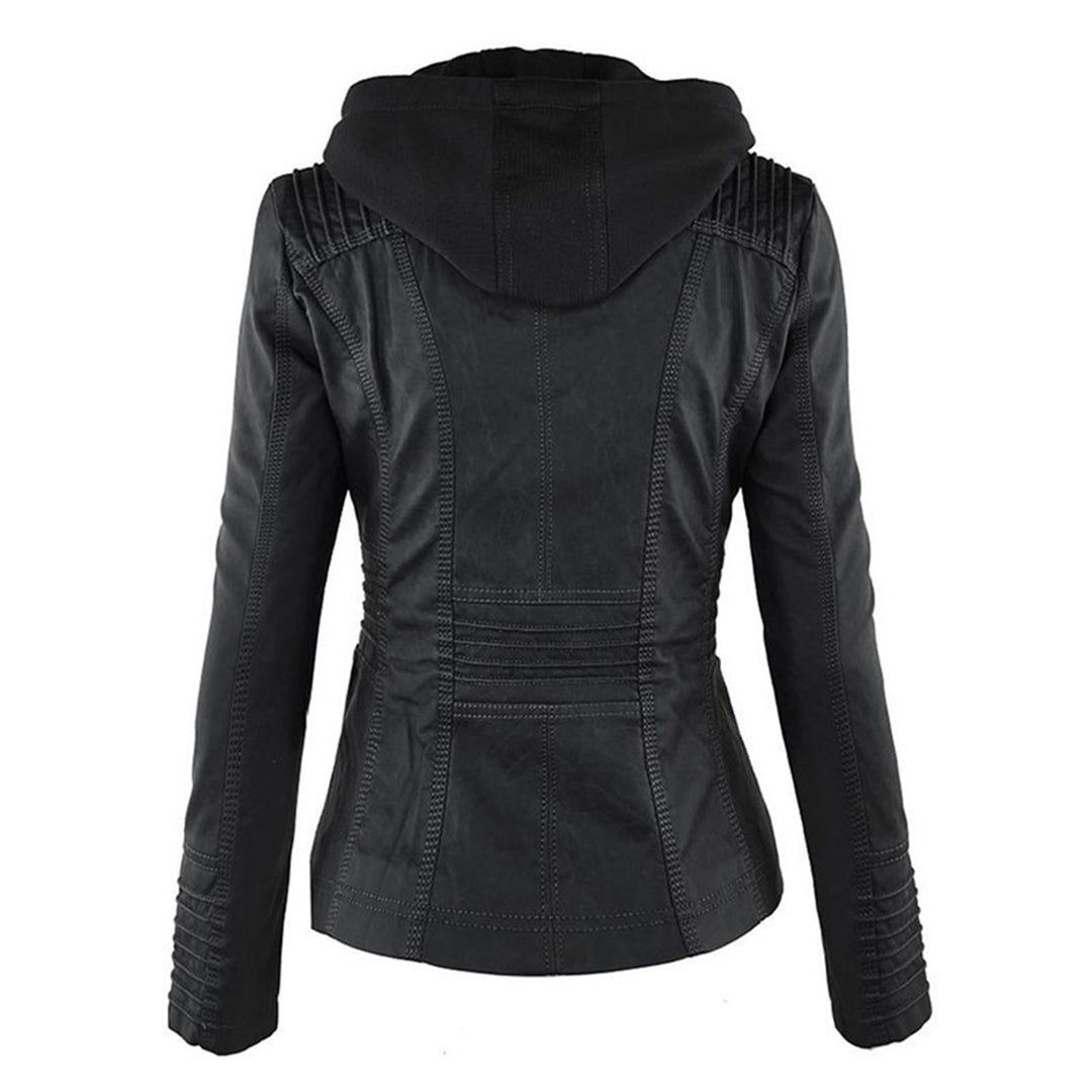 Veste simili cuir moto femme capuche amovible