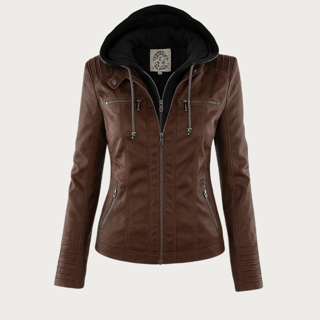 Veste simili cuir moto femme capuche amovible - Marron Foncé