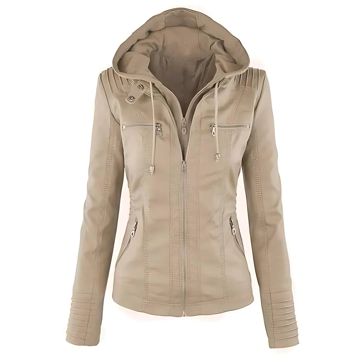 Veste simili cuir moto femme capuche amovible - Beige